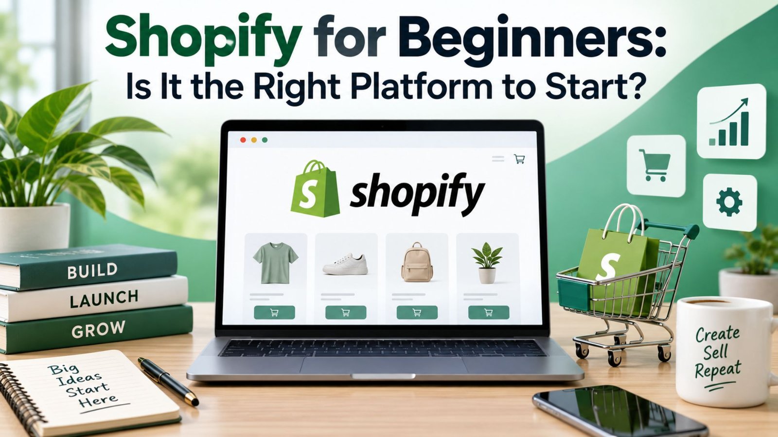 ''Shopify for Beginners: Is It the Right Platform to Start?

For anyone researching Shopify for beginners, the platform's biggest advantage is genuinely fast setup — a functional store can go live within a day, even without technical experience. That said, the most useful growth features tend to live behind paid apps rather than being built in from day one, which means running costs can climb faster than a first-time seller expects. Shopify tends to make the most sense once a store already has some sales traction, rather than during the very earliest stage of testing a product idea with no revenue yet..'' only title include in the image,,,no animals or human on the image....
